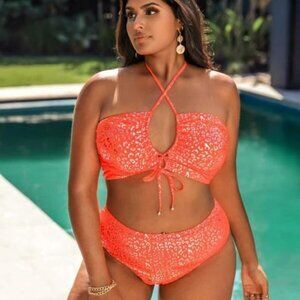 Leopard Drawstring Halter Bikini Swimsuit